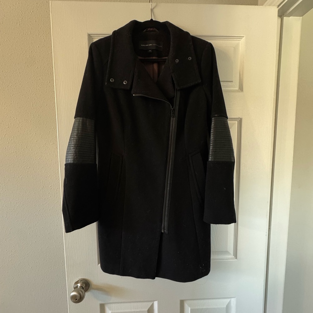 Black Pea Coat with Leather Accents